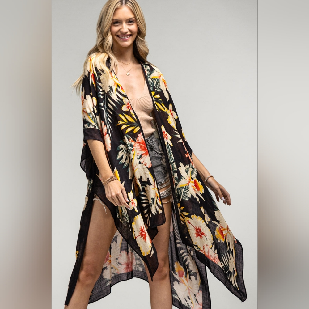 Tropical Garden Kimono - Floral & Leaf Print on Lightweight Silky Material